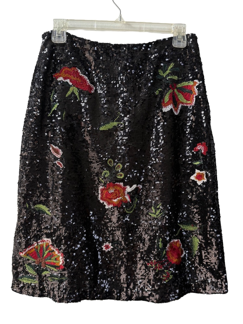 Anthropologie Maeve Black Sequin Embroidered Floral Skirt